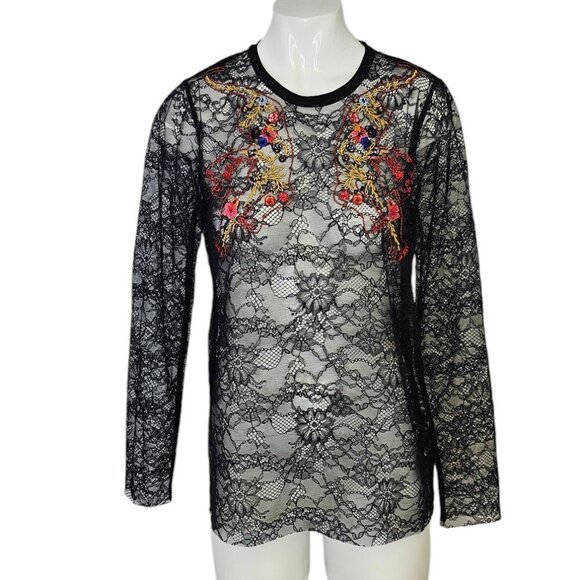 Sandro Paris Womens Lace Sheer Embroidered Long Sleeve Blouse, Open Back, 1/US S - Picture 1 of 9